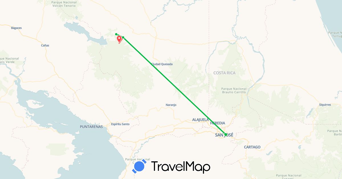 TravelMap itinerary: driving, bus, hiking in Costa Rica (North America)