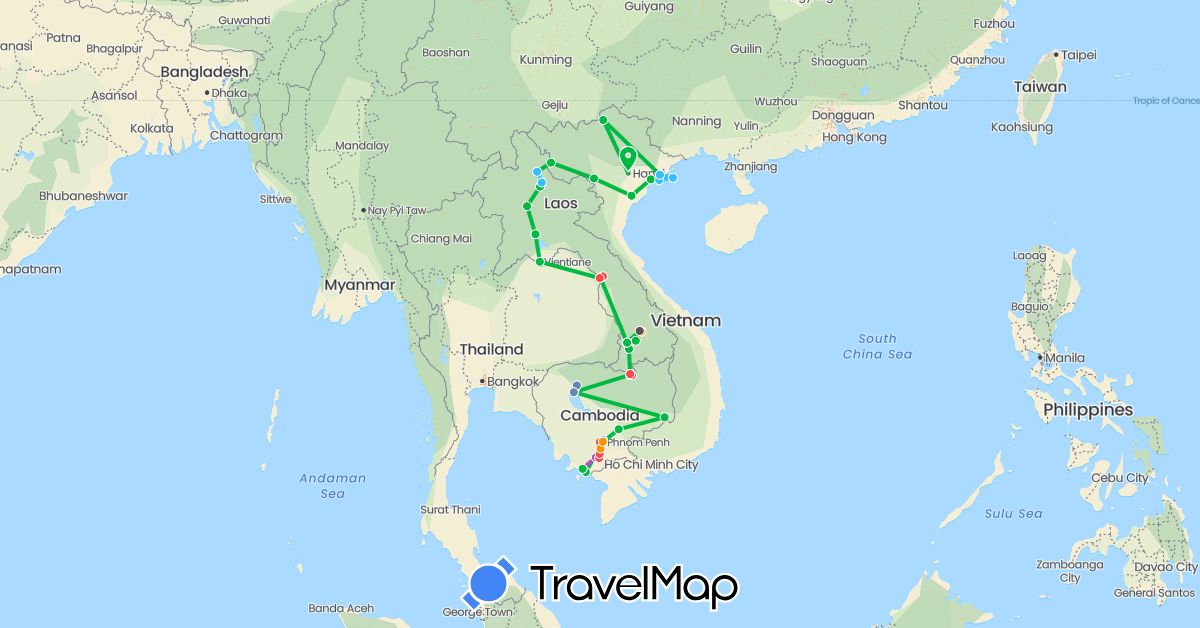 TravelMap itinerary: driving, bus, cycling, train, hiking, boat, hitchhiking, motorbike in Cambodia, Laos, Vietnam (Asia)